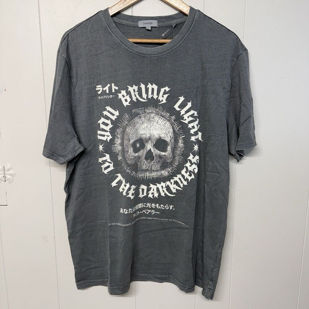 George Skull Graphic T-Shirt Acid Wash Distressed Grunge Grey Men L NWT